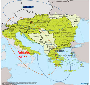 geogrefaska karta sa regionima jadransko-josnkim, dunavskim, balkanskim i mediteranskim